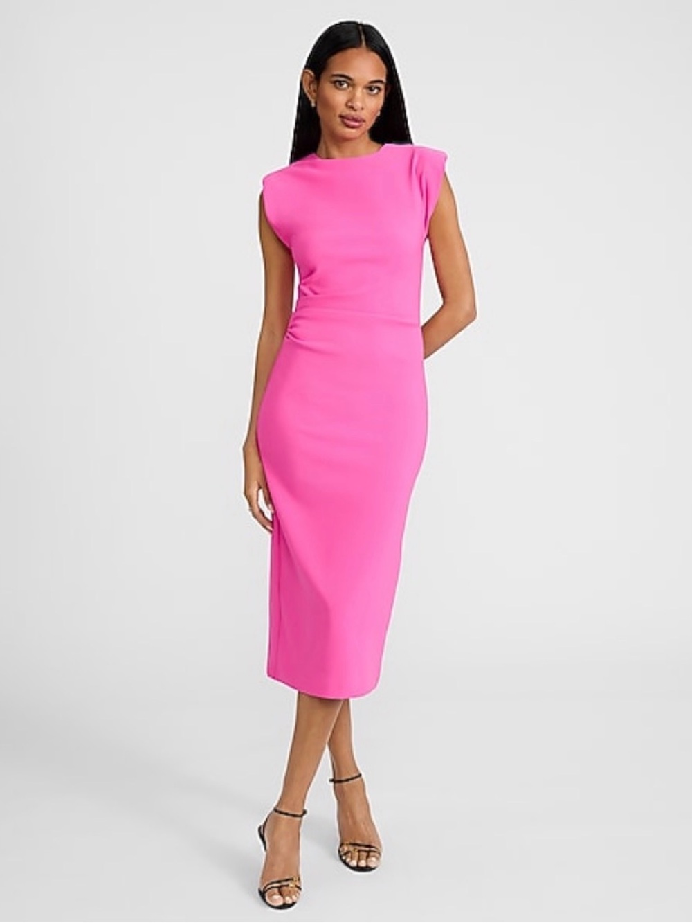 NWT Crew Neck Cap Sleeve Ruched Midi Dress
